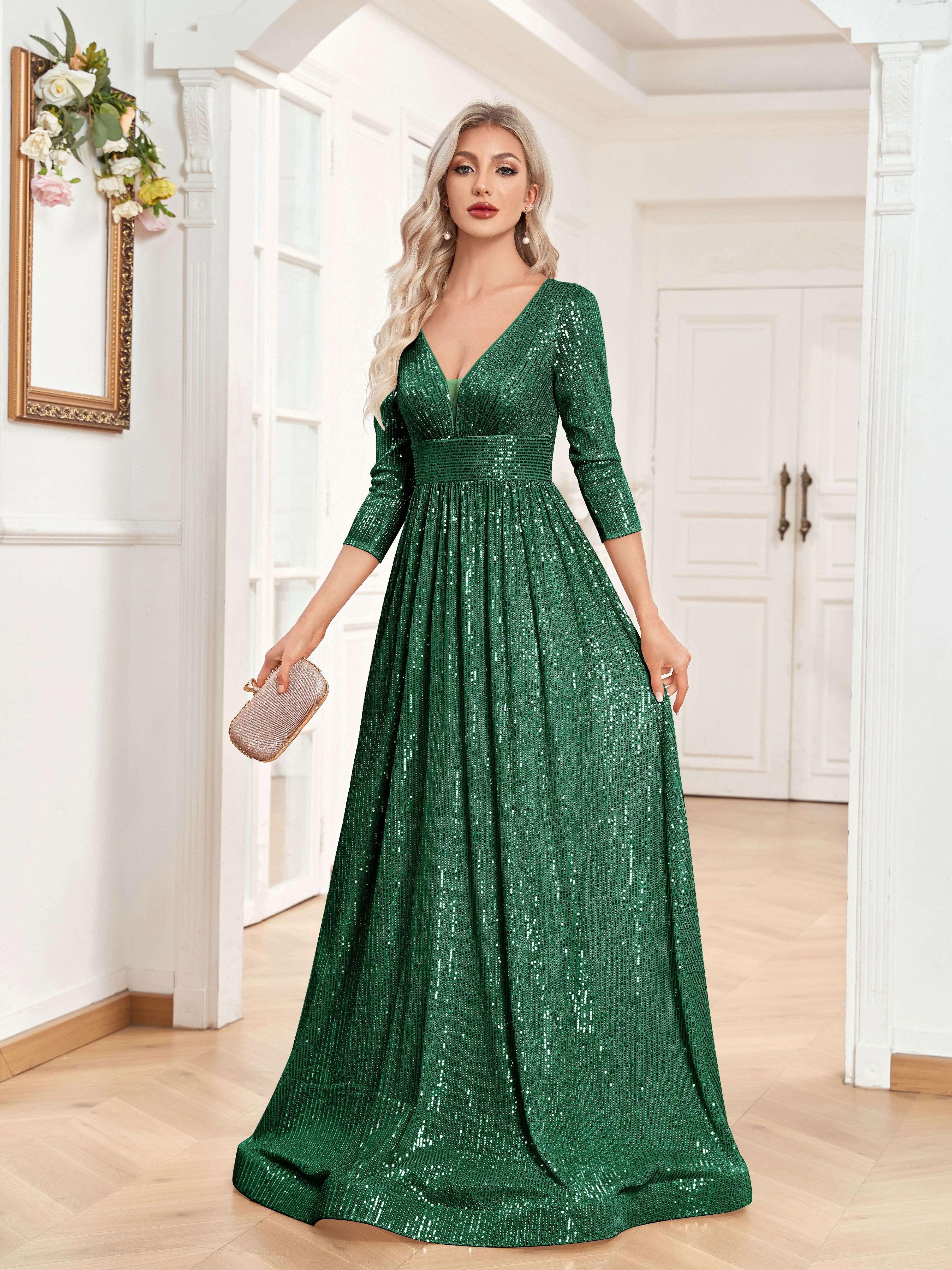 High Waist Sequined Maxi Dress, V Neck Gown Dress For Bridesmaid, Cocktail Party | XUIBOL