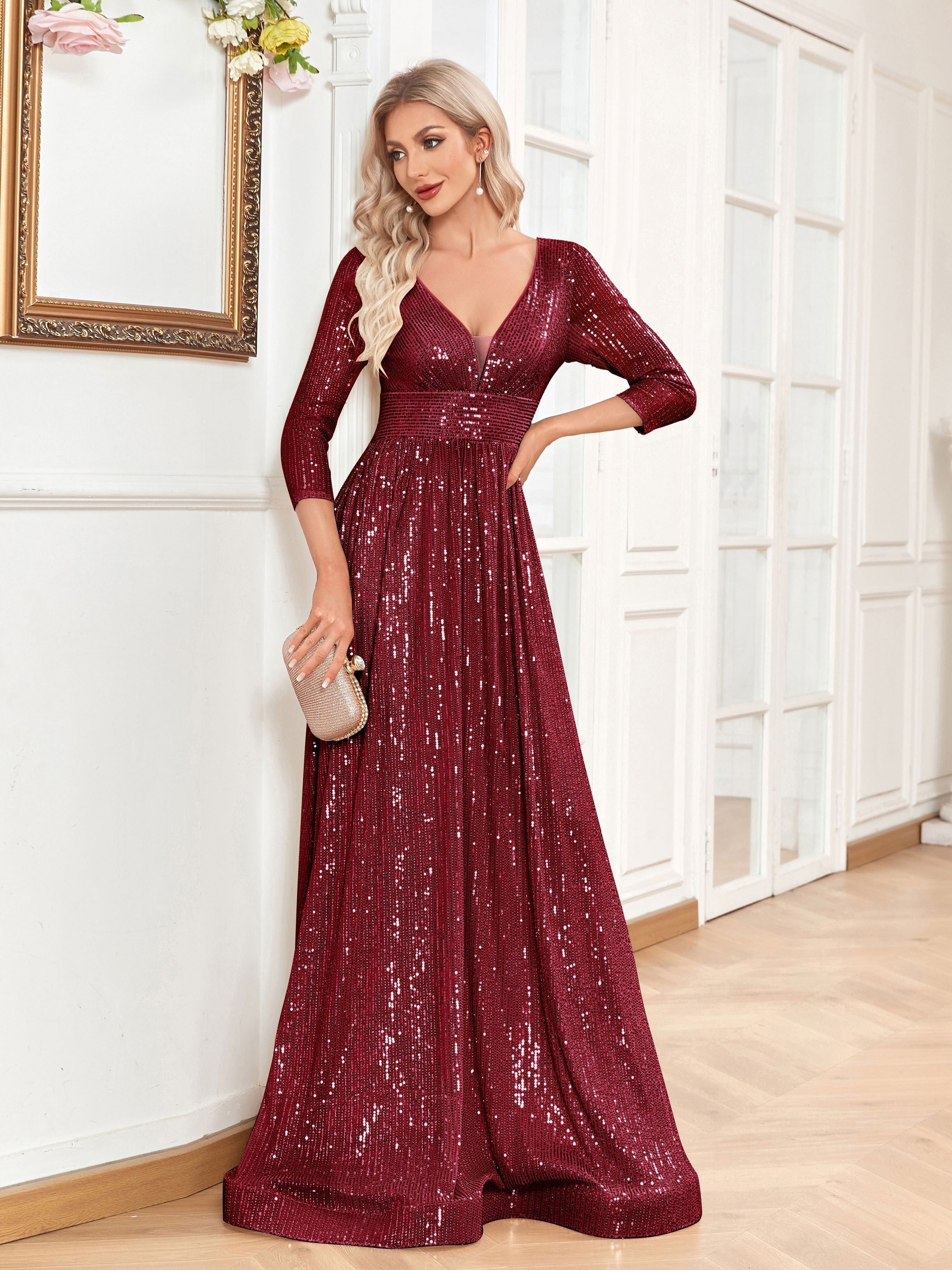 High Waist Sequined Maxi Dress, V Neck Gown Dress For Bridesmaid, Cocktail Party | XUIBOL
