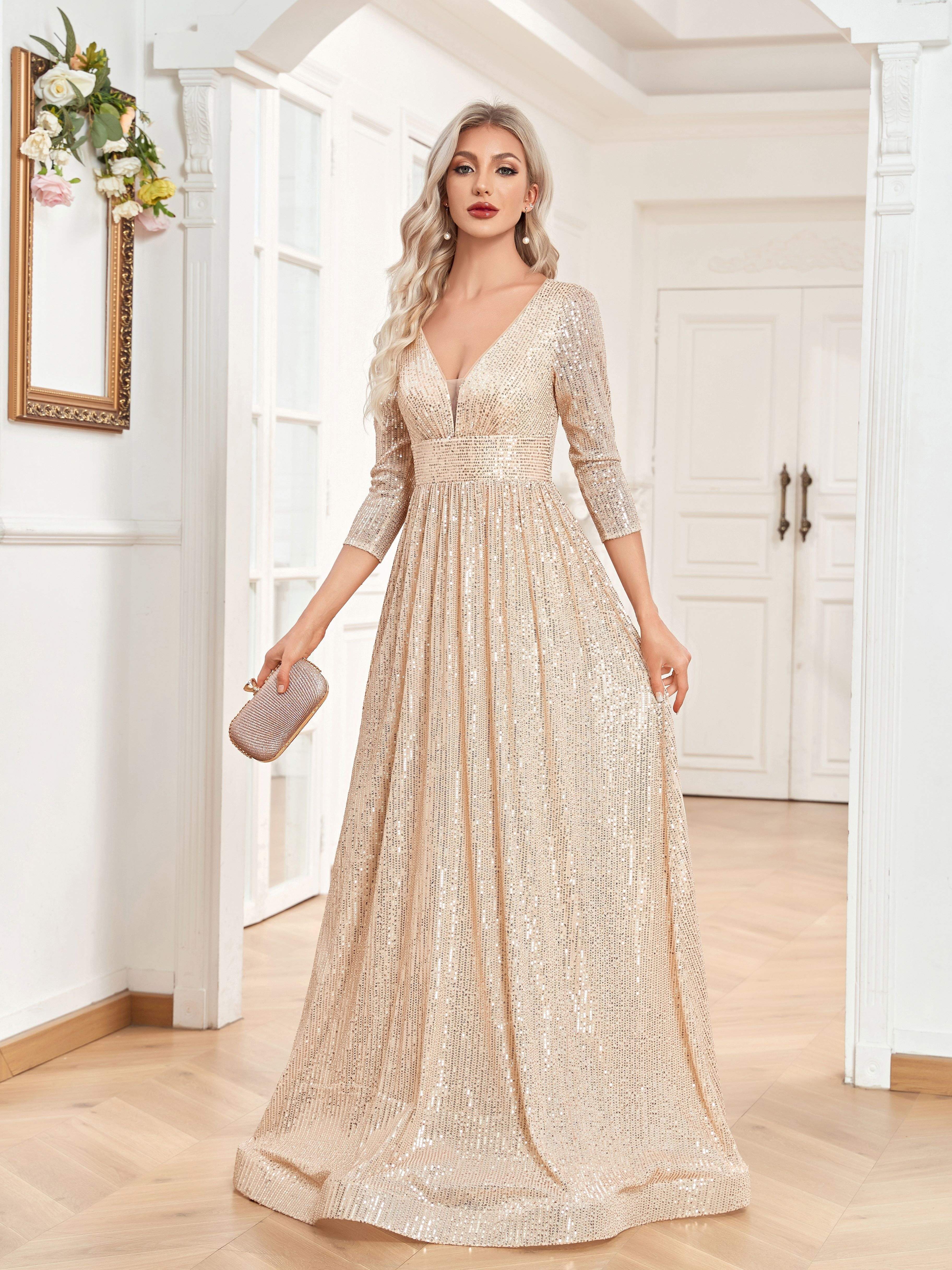 High Waist Sequined Maxi Dress, V Neck Gown Dress For Bridesmaid, Cocktail Party | XUIBOL