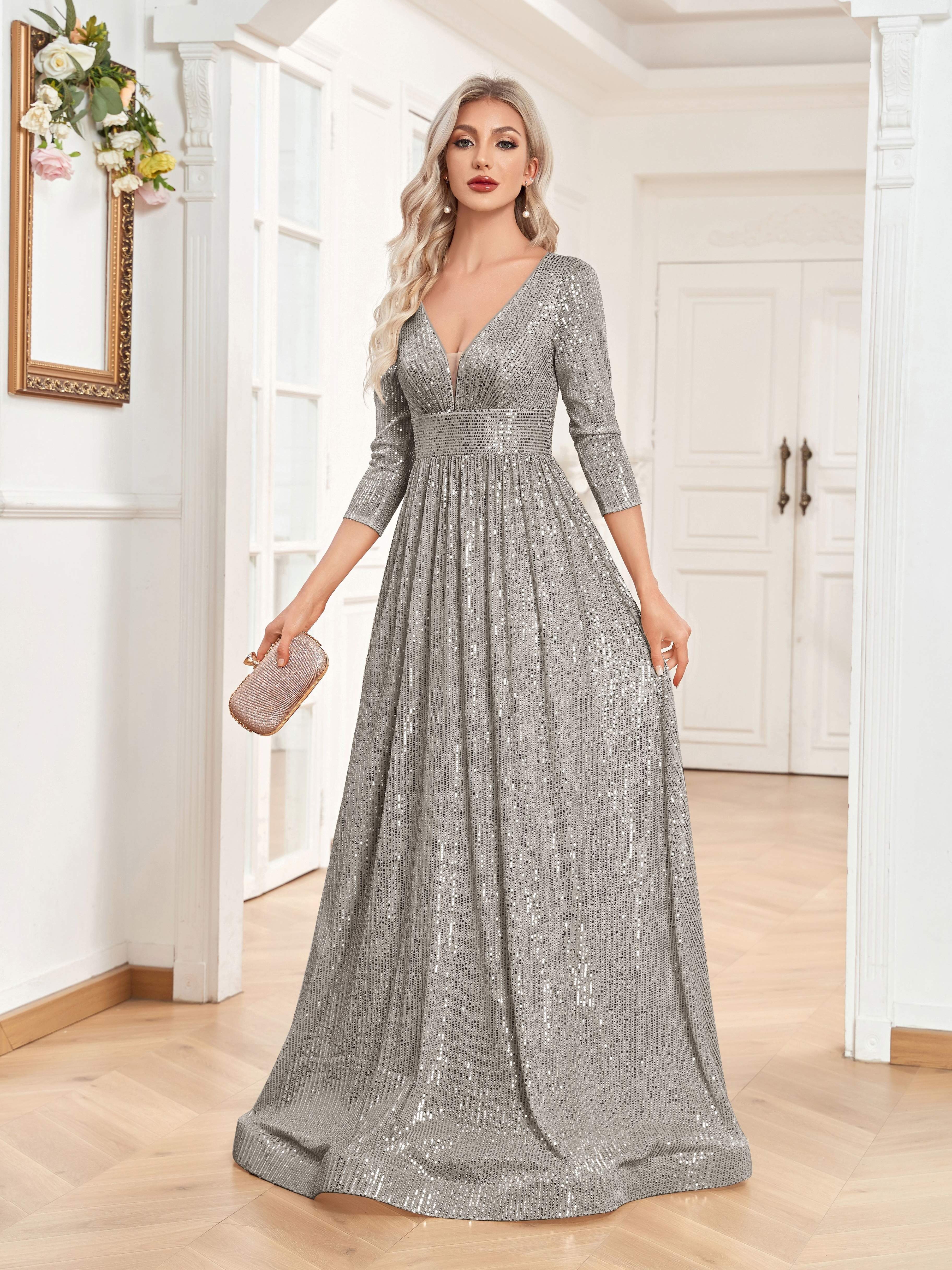High Waist Sequined Maxi Dress, V Neck Gown Dress For Bridesmaid, Cocktail Party | XUIBOL