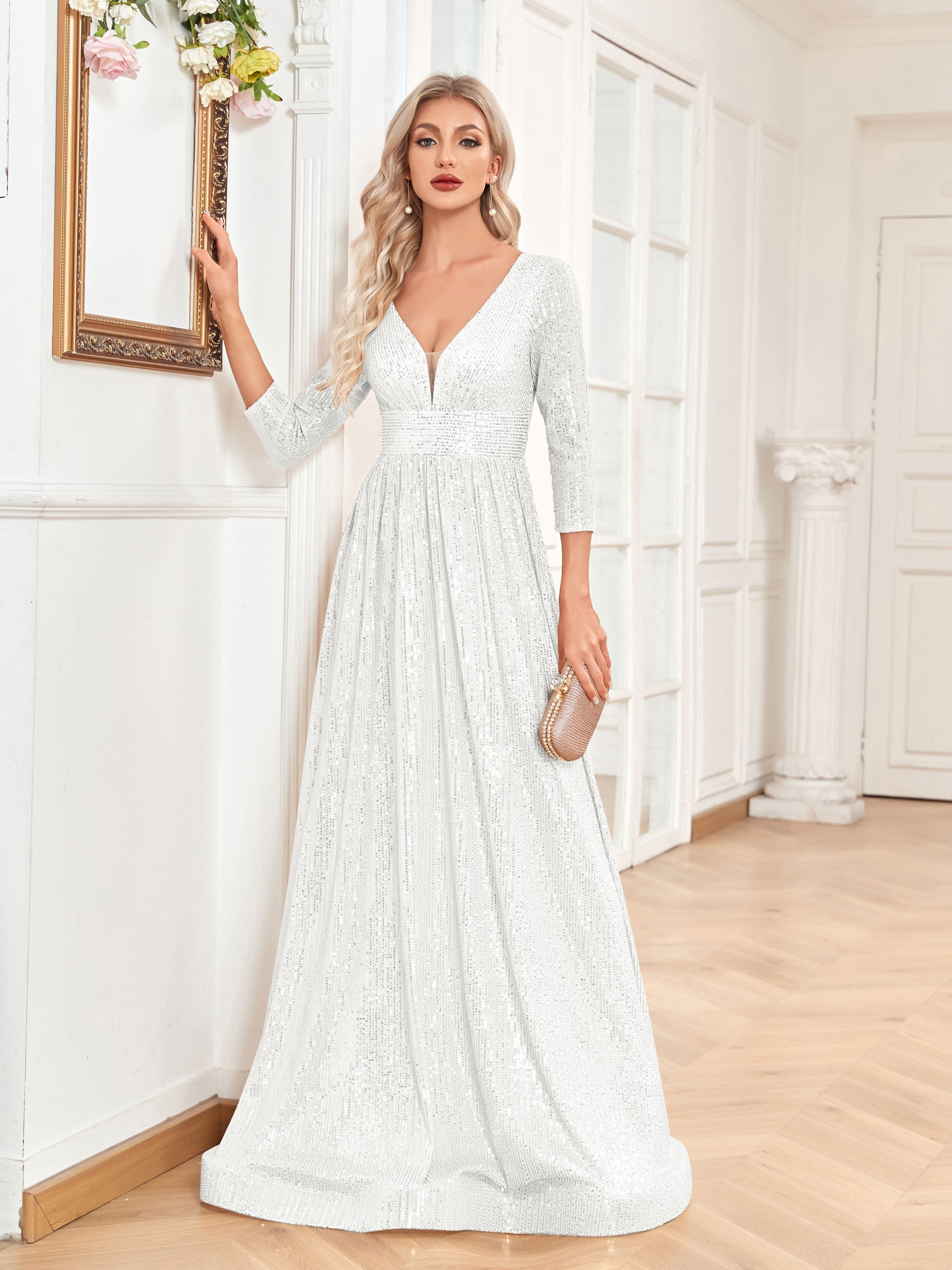High Waist Sequined Maxi Dress, V Neck Gown Dress For Bridesmaid, Cocktail Party | XUIBOL