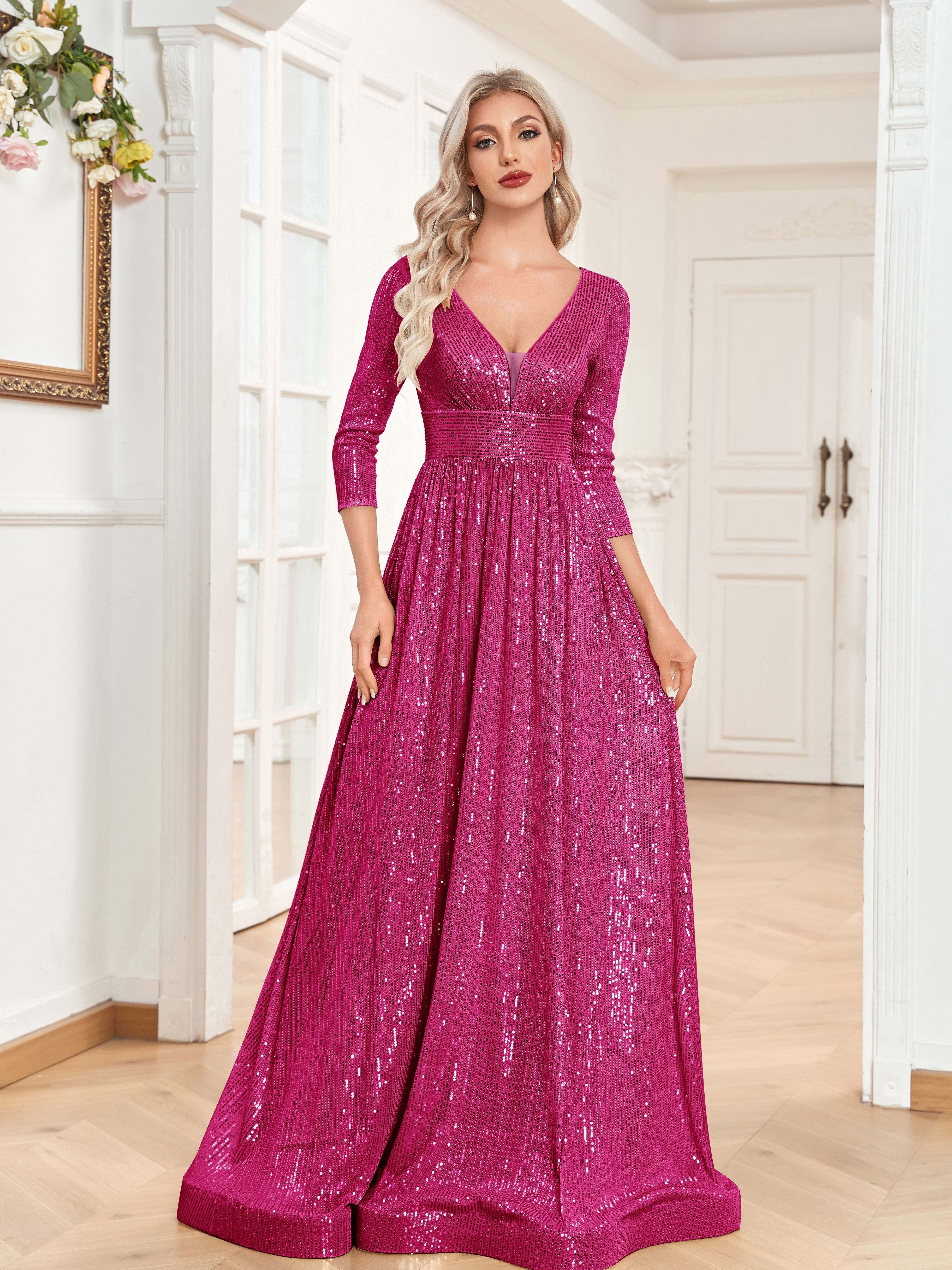 High Waist Sequined Maxi Dress, V Neck Gown Dress For Bridesmaid, Cocktail Party | XUIBOL