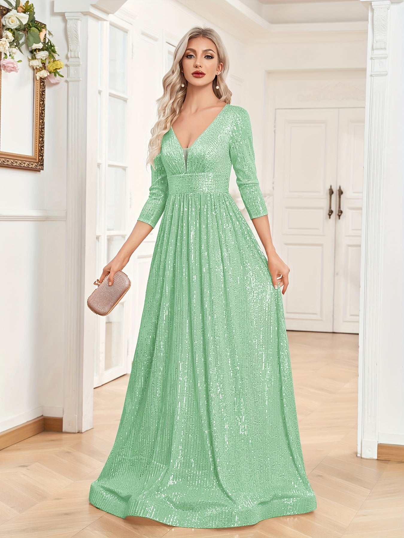 High Waist Sequined Maxi Dress, V Neck Gown Dress For Bridesmaid, Cocktail Party | XUIBOL