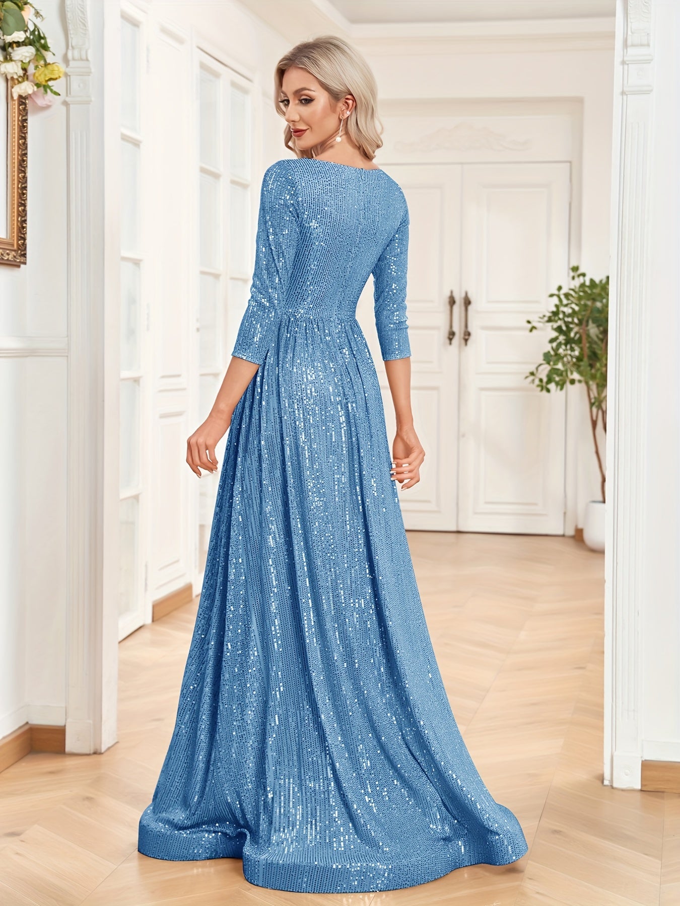 High Waist Sequined Maxi Dress, V Neck Gown Dress For Bridesmaid, Cocktail Party | XUIBOL