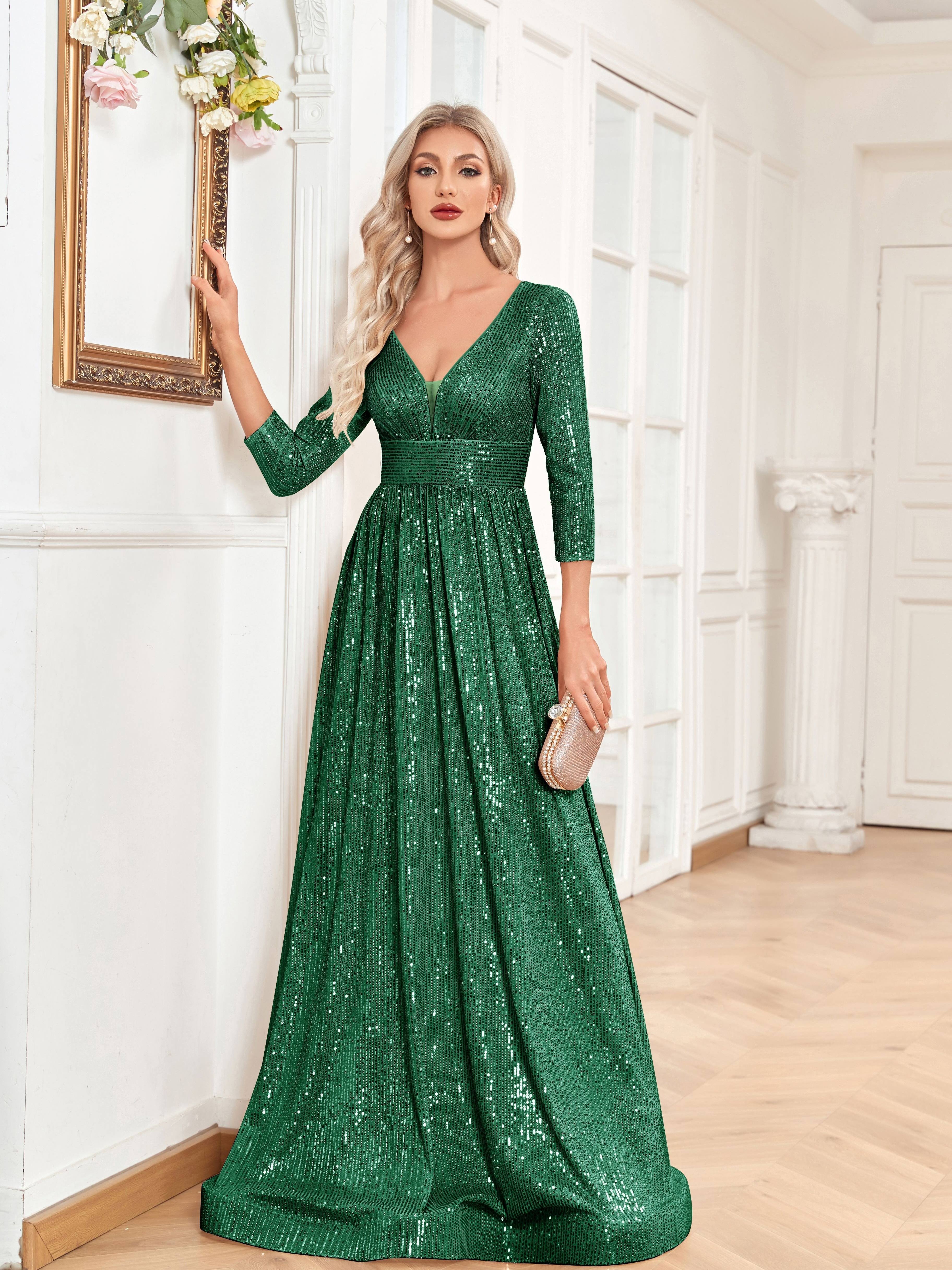 High Waist Sequined Maxi Dress, V Neck Gown Dress For Bridesmaid, Cocktail Party | XUIBOL