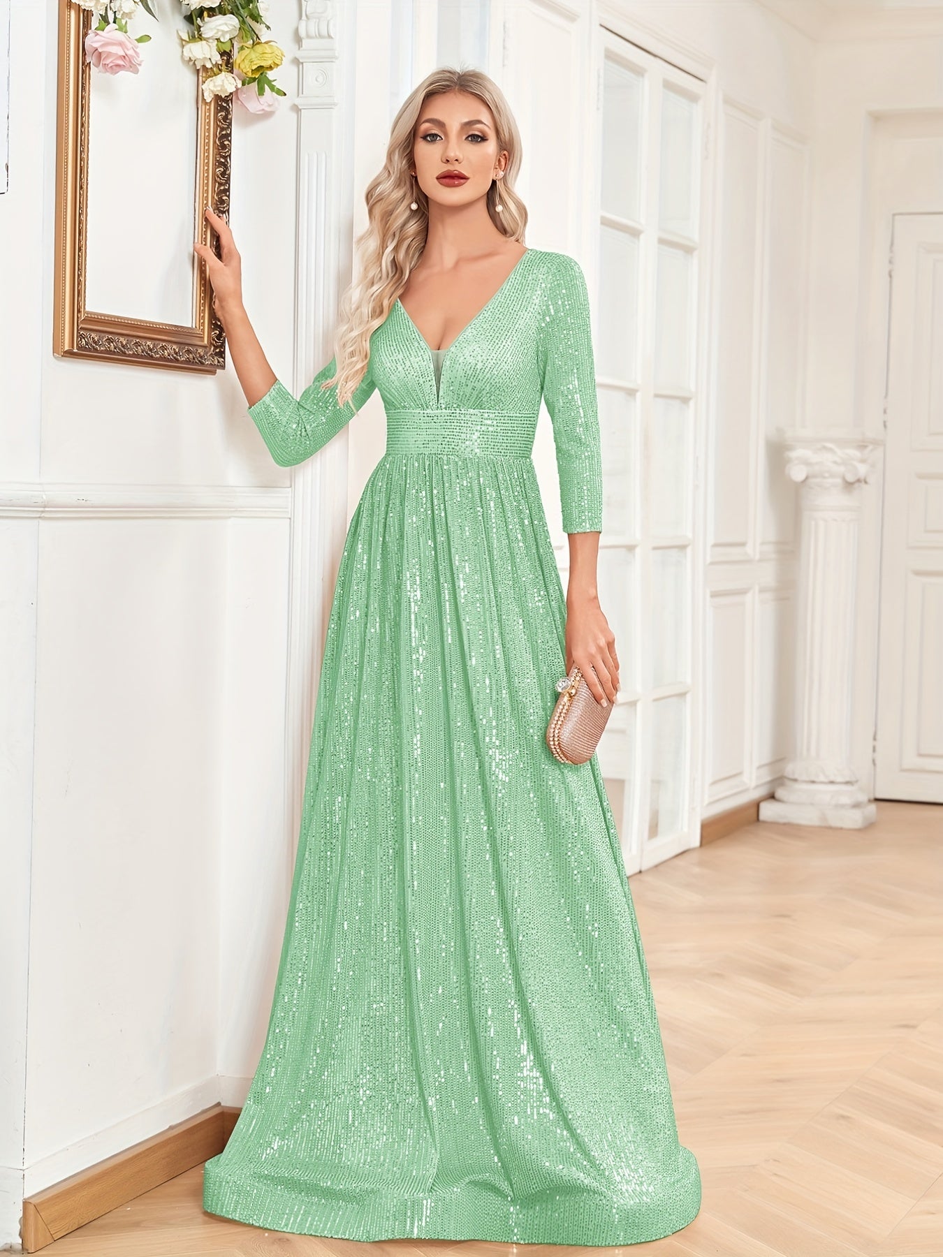 High Waist Sequined Maxi Dress, V Neck Gown Dress For Bridesmaid, Cocktail Party | XUIBOL