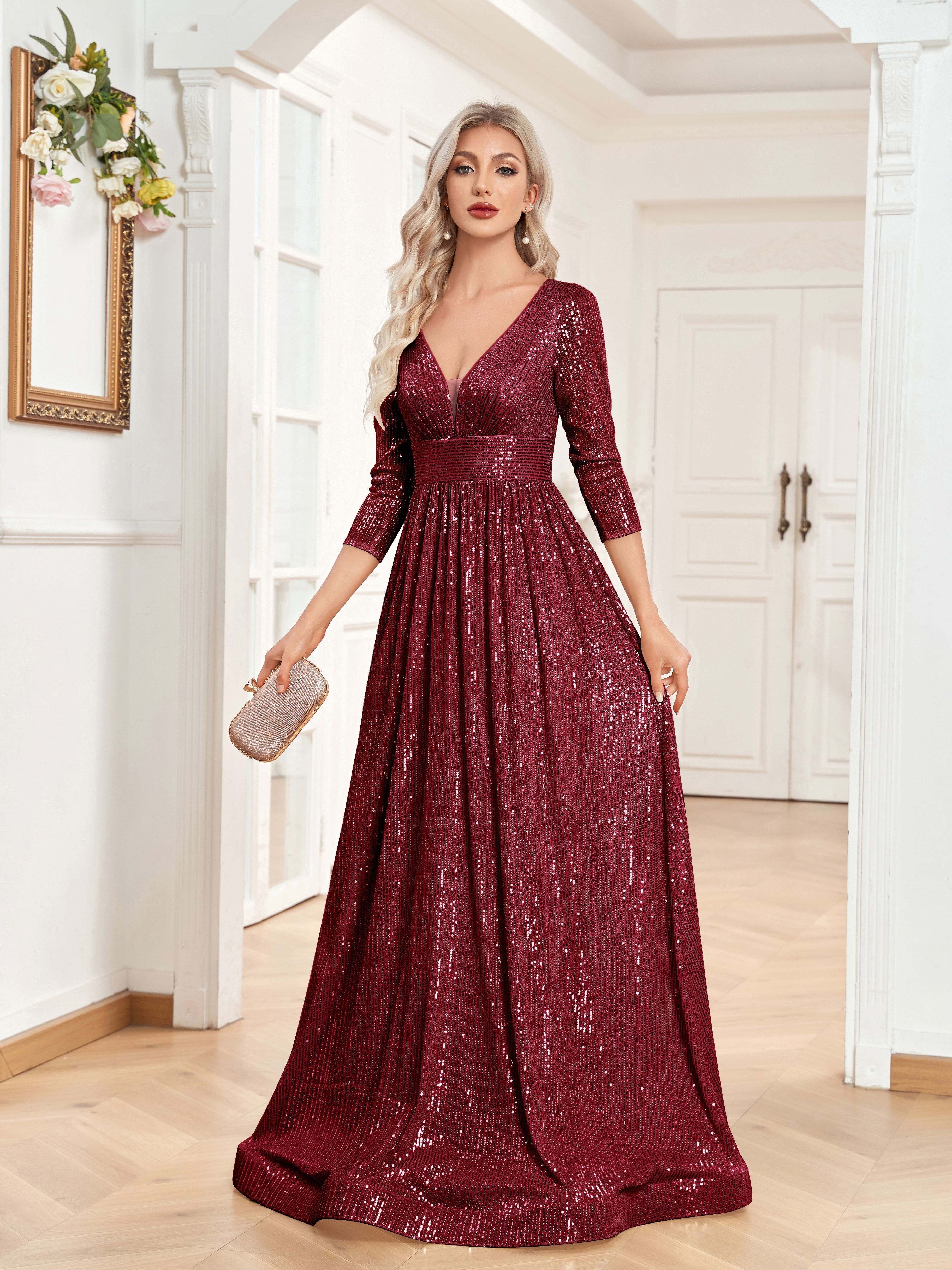 High Waist Sequined Maxi Dress, V Neck Gown Dress For Bridesmaid, Cocktail Party | XUIBOL