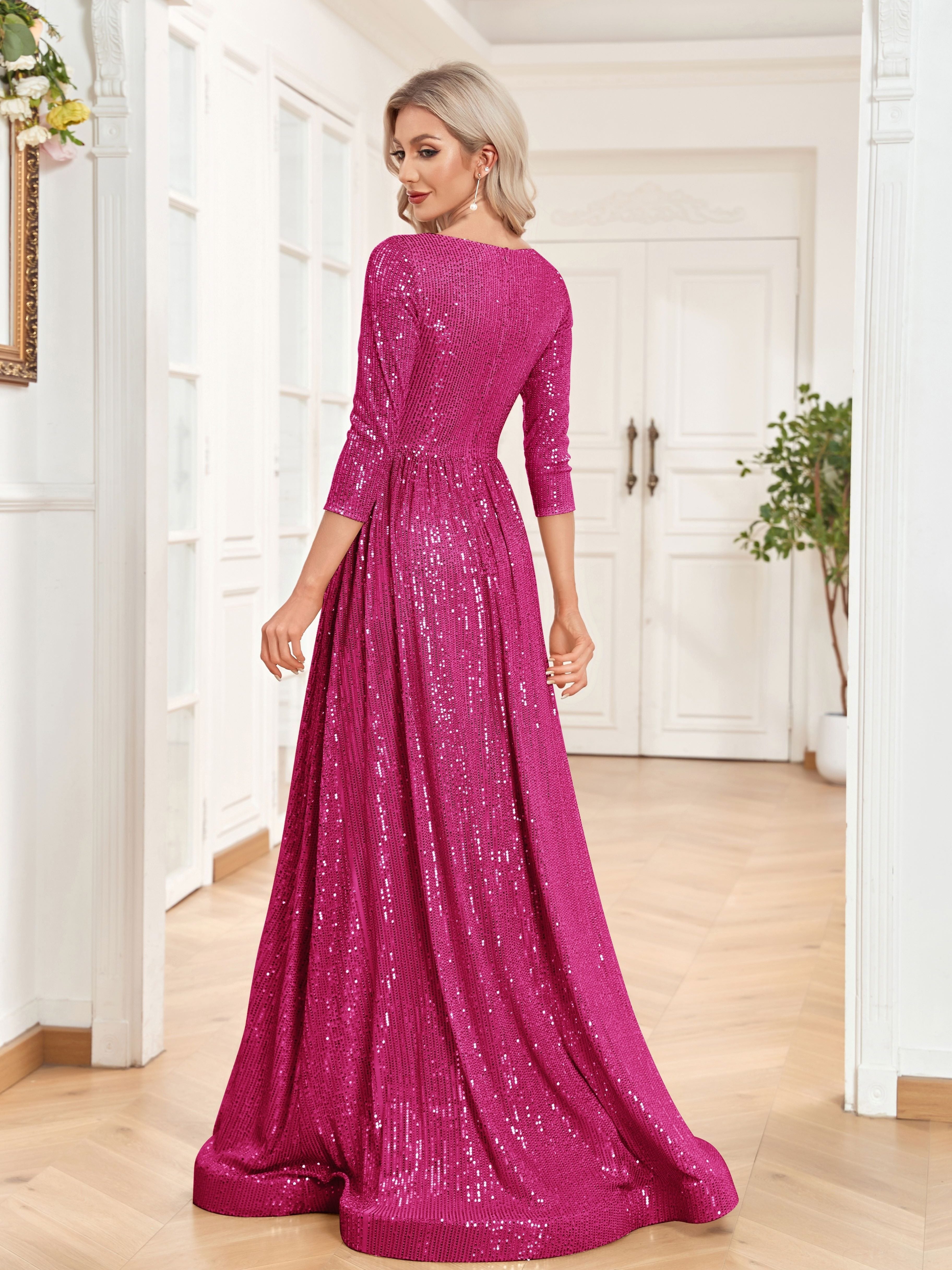 High Waist Sequined Maxi Dress, V Neck Gown Dress For Bridesmaid, Cocktail Party | XUIBOL