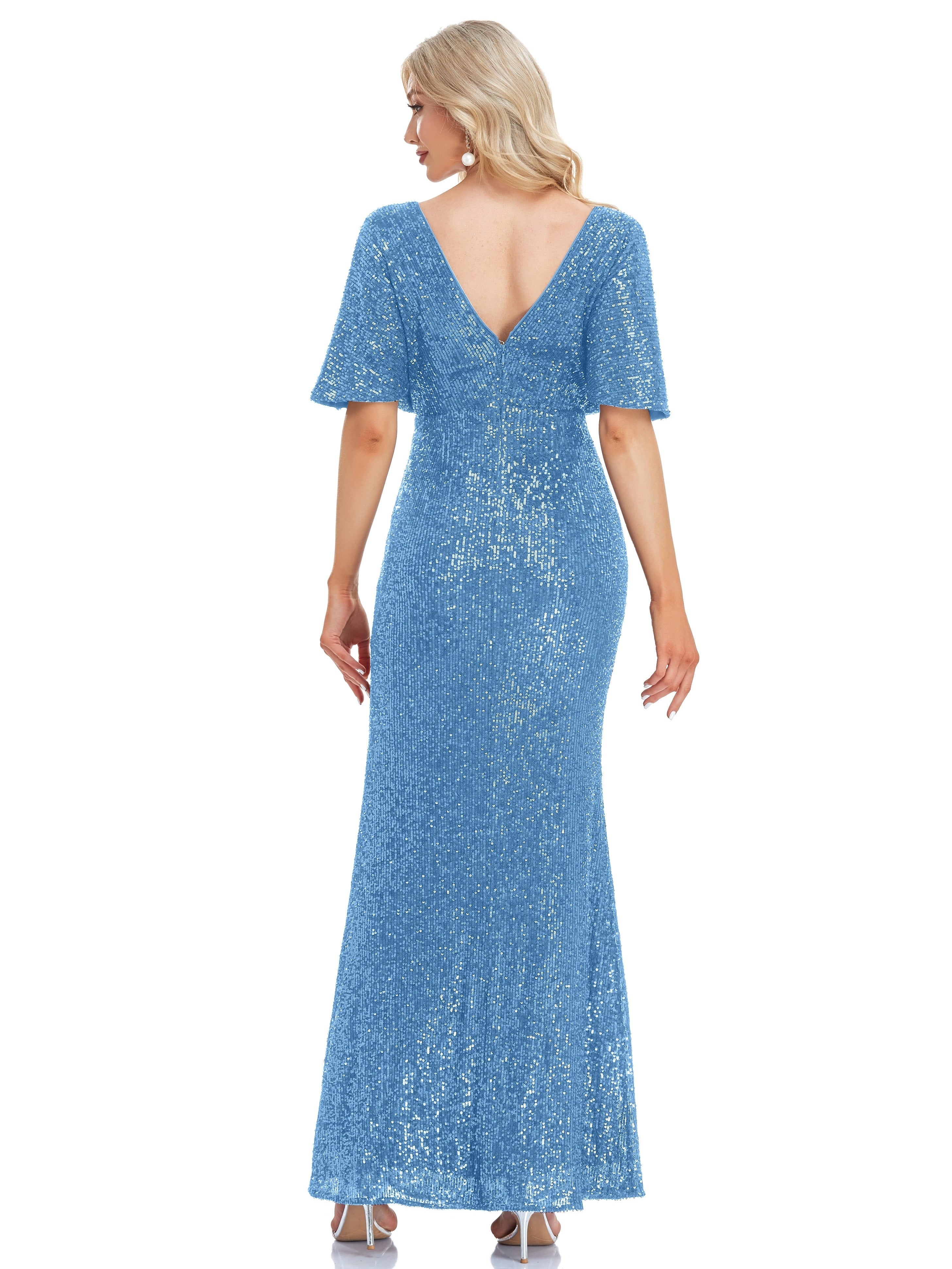 Solid Sequin Mother Of The Bride Dresses, Elegant Surplice Neck Short Sleeve Maxi Dress For Wedding Party | XUIBOL