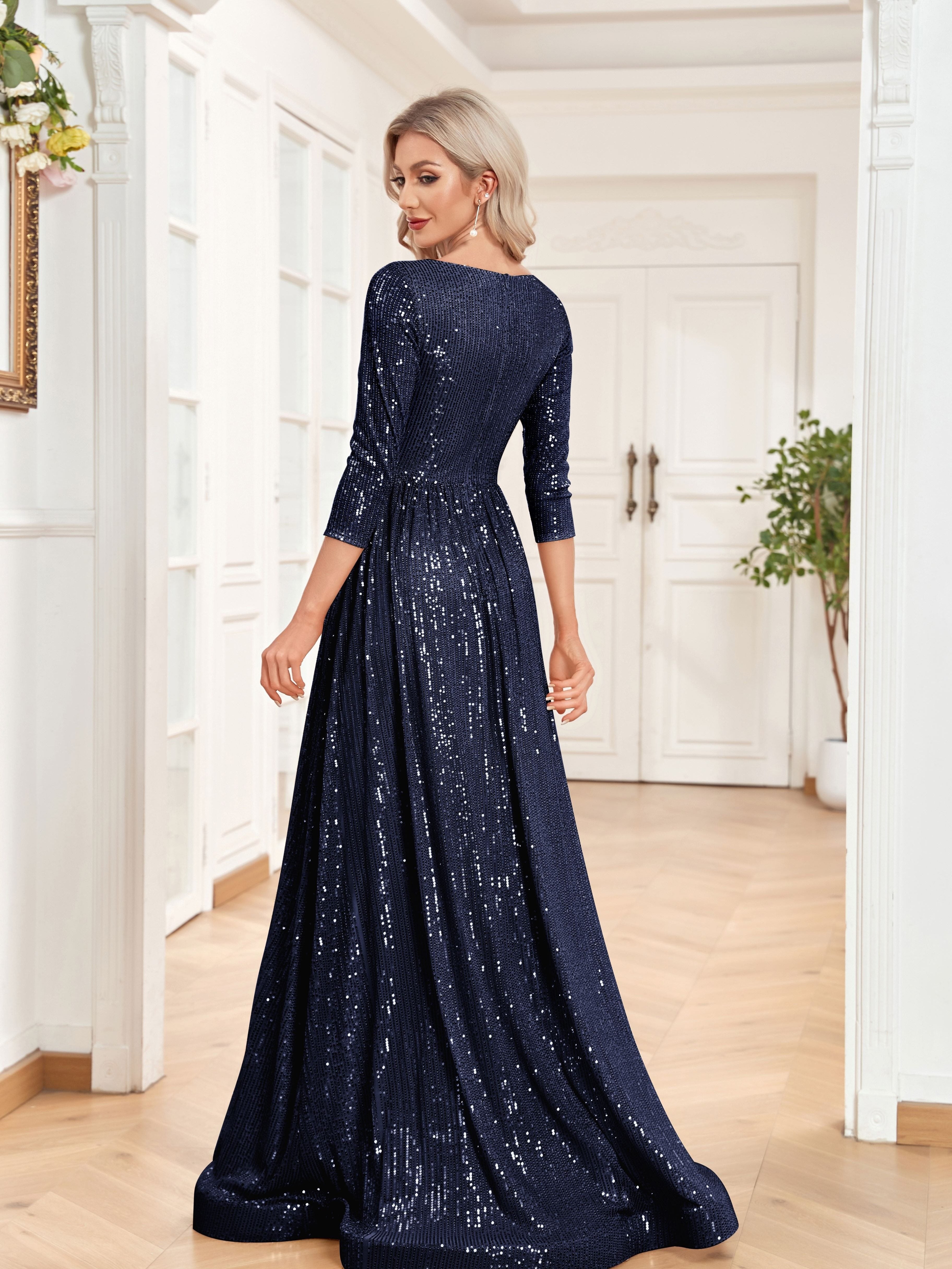High Waist Sequined Maxi Dress, V Neck Gown Dress For Bridesmaid, Cocktail Party | XUIBOL