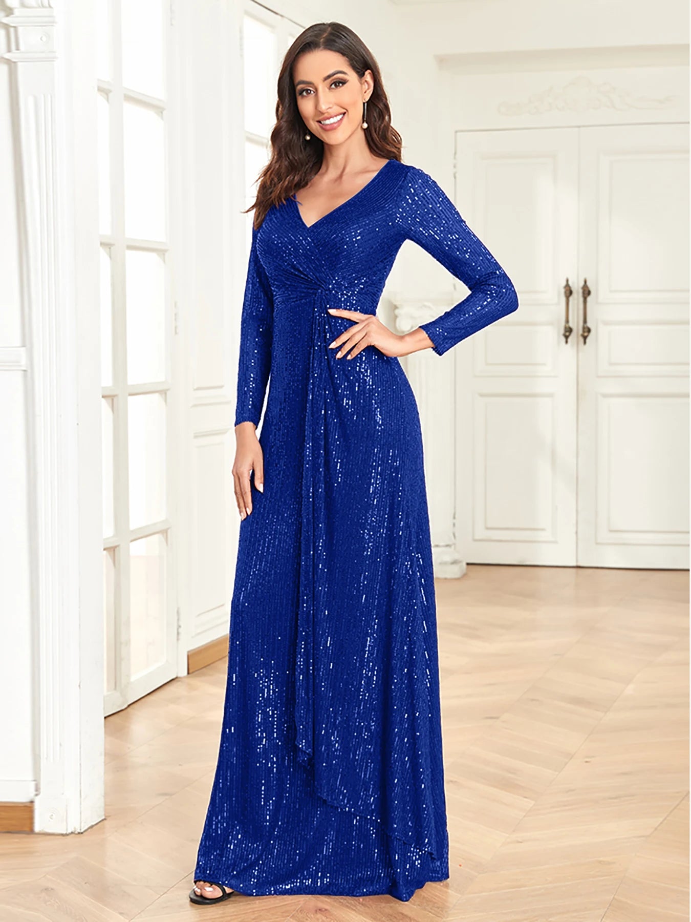 XUIBOL Luxury Long Sleeve V-Neck Evening Dress Women Wedding Party Sequins For Female Guests Red Prom Cocktail Dresses