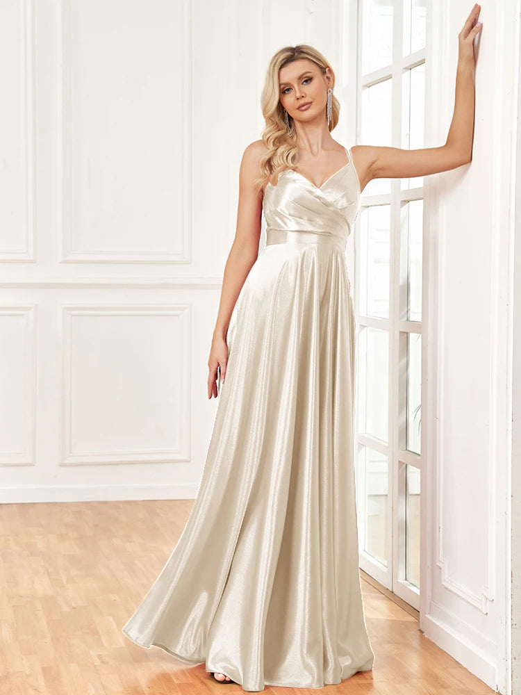 V-Neck Satin Sleeveless Blue Formal Evening Dress | XUIBOL