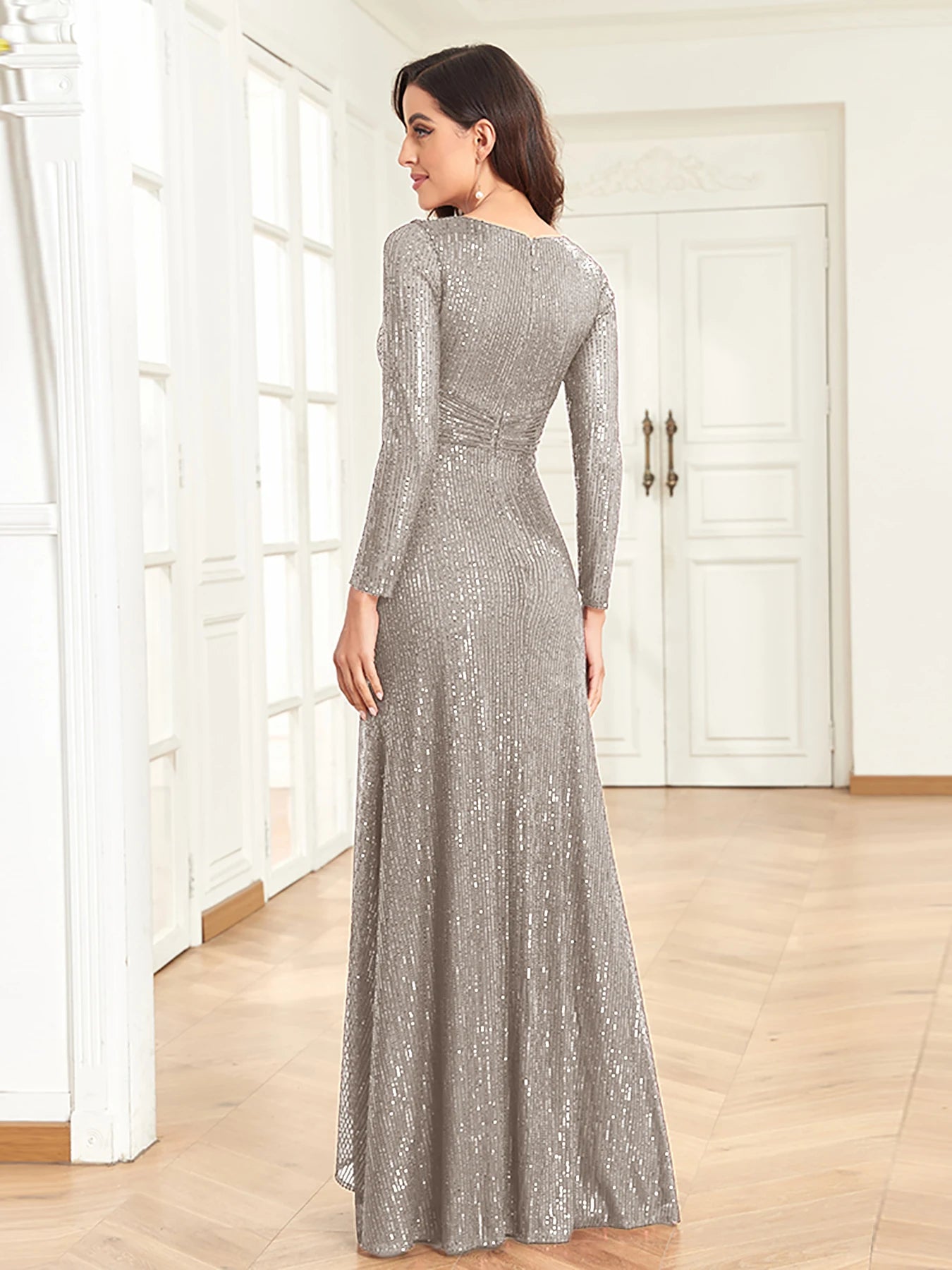 XUIBOL Luxury Long Sleeve V-Neck Evening Dress Women Wedding Party Sequins For Female Guests Red Prom Cocktail Dresses