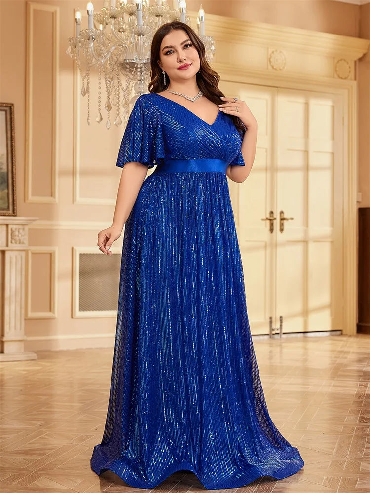 Plus Size Luxury V-Neck Short Sleeves Formal Evening Dress | XUIBOL