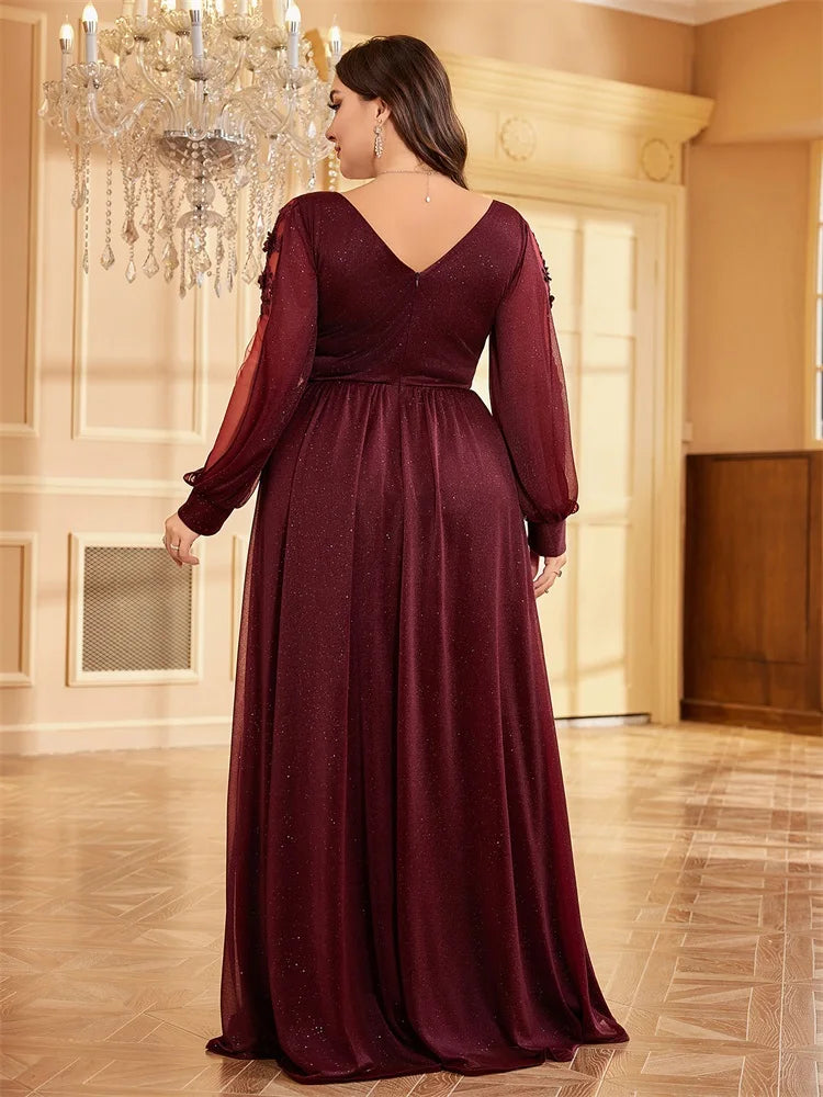 Plus Size Long Sleeves Sparkle Bling Bling Floor Length Split Evening Dress | XUIBOL