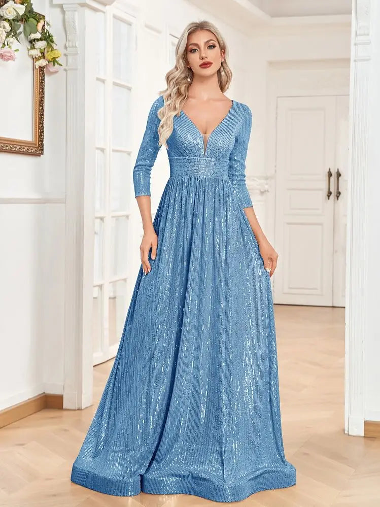 XUIBOL Elegant Sexy Deep V-Neck Sequins Evening Dress Luxury Women Long Sleeves Dress Wedding Party Cocktail Gown Gold Prom