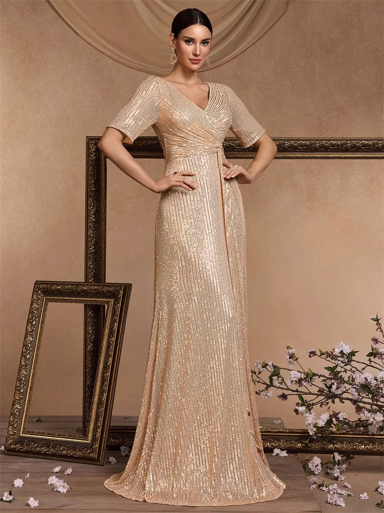 XUIBOL Luxury Floor Length Short Sleeves V-Neck Sequin Evening Dress Women Party Maxi Dress Long Formal Prom Cocktail Dress