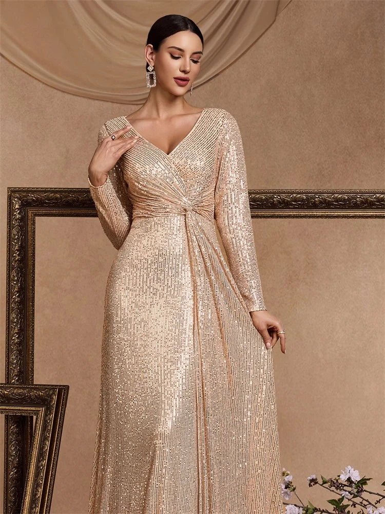 XUIBOL Luxury Long Sleeve V-Neck Evening Dress Women Wedding Party Sequins For Female Guests Red Prom Cocktail Dresses