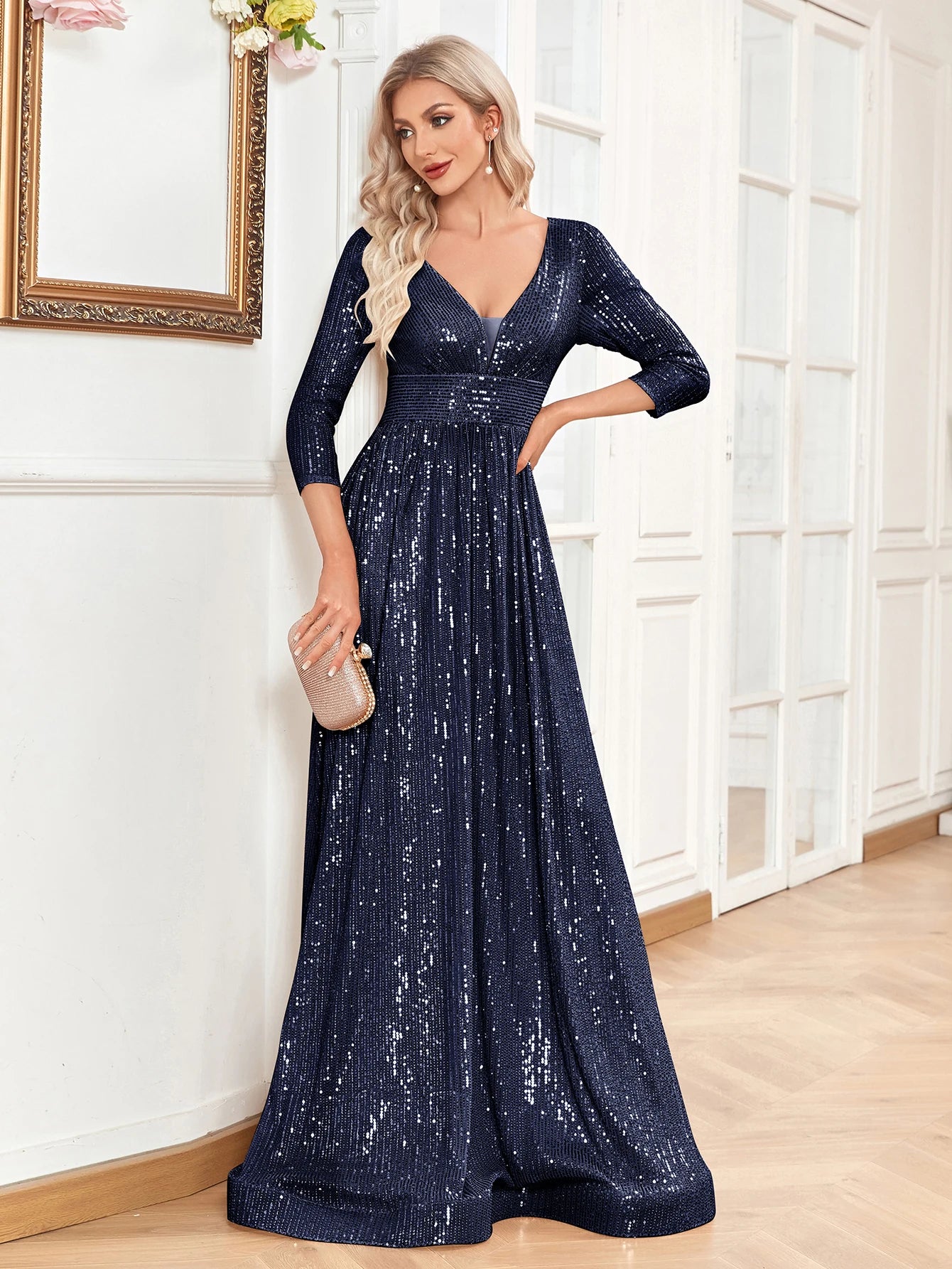 XUIBOL Elegant Sexy Deep V-Neck Sequins Evening Dress Luxury Women Long Sleeves Dress Wedding Party Cocktail Gown Gold Prom
