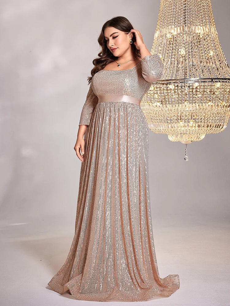 Plus Size Luxury Blue V-Neck Long sleeve Sequin Evening Dresses | XUIBOL