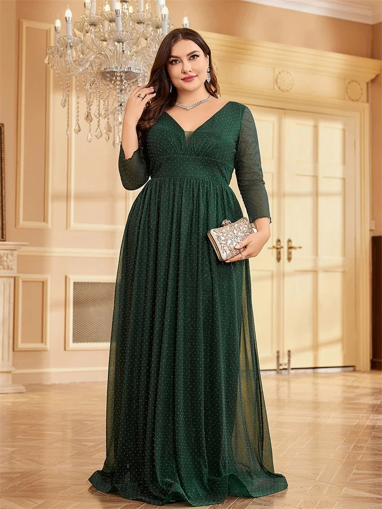 Plus Size Elegant Blue Chiffon V-Neck Evening Dress | XUIBOL