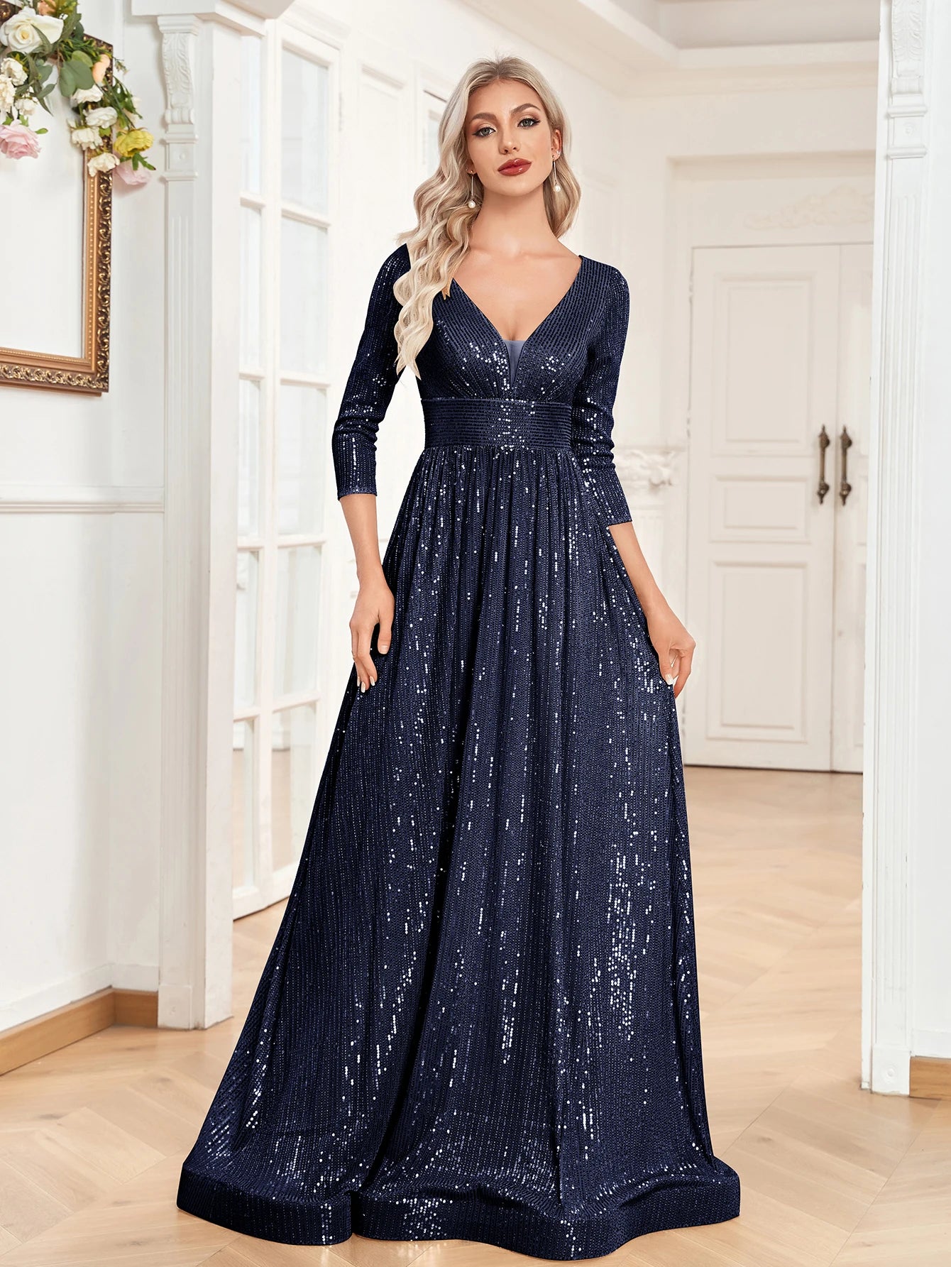 XUIBOL Elegant Sexy Deep V-Neck Sequins Evening Dress Luxury Women Long Sleeves Dress Wedding Party Cocktail Gown Gold Prom