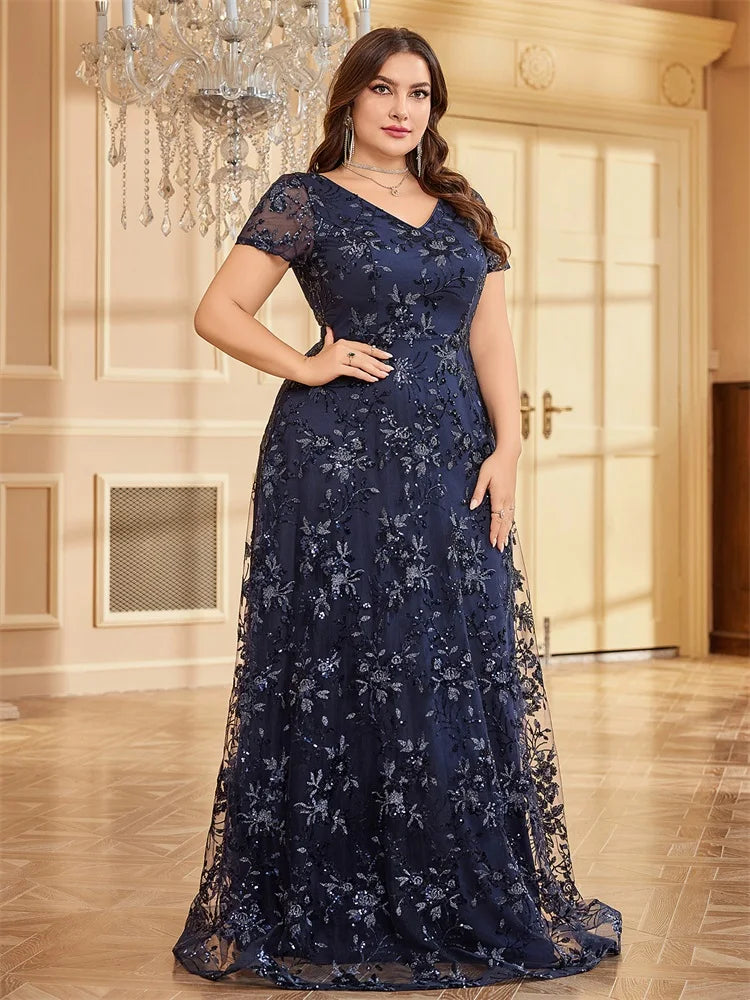 Plus Size Elegant Flower V-Neck Evening Dress | XUIBOL