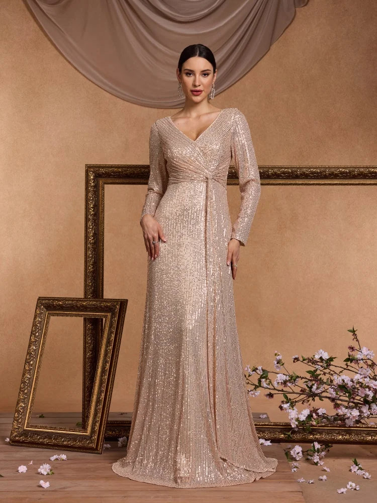 XUIBOL Luxury Long Sleeve V-Neck Evening Dress Women Wedding Party Sequins For Female Guests Red Prom Cocktail Dresses