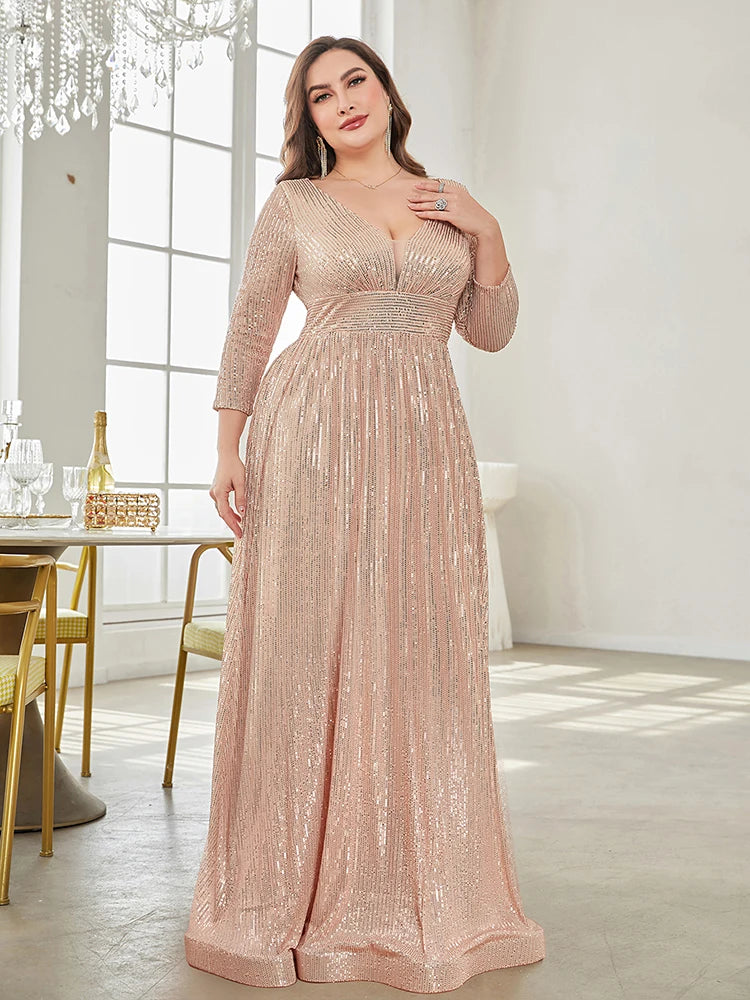 Plus Size Luxury V-Neck Long Sleeves Sequins Evening Dress | XUIBOL