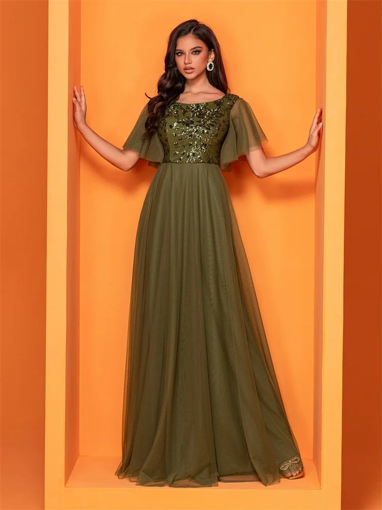 XUIBOL Luxury Green Sequins Formal Evening Dress Women Elegant O-Neck Mermaid Prom Dress Short Sleeves Long Gowns