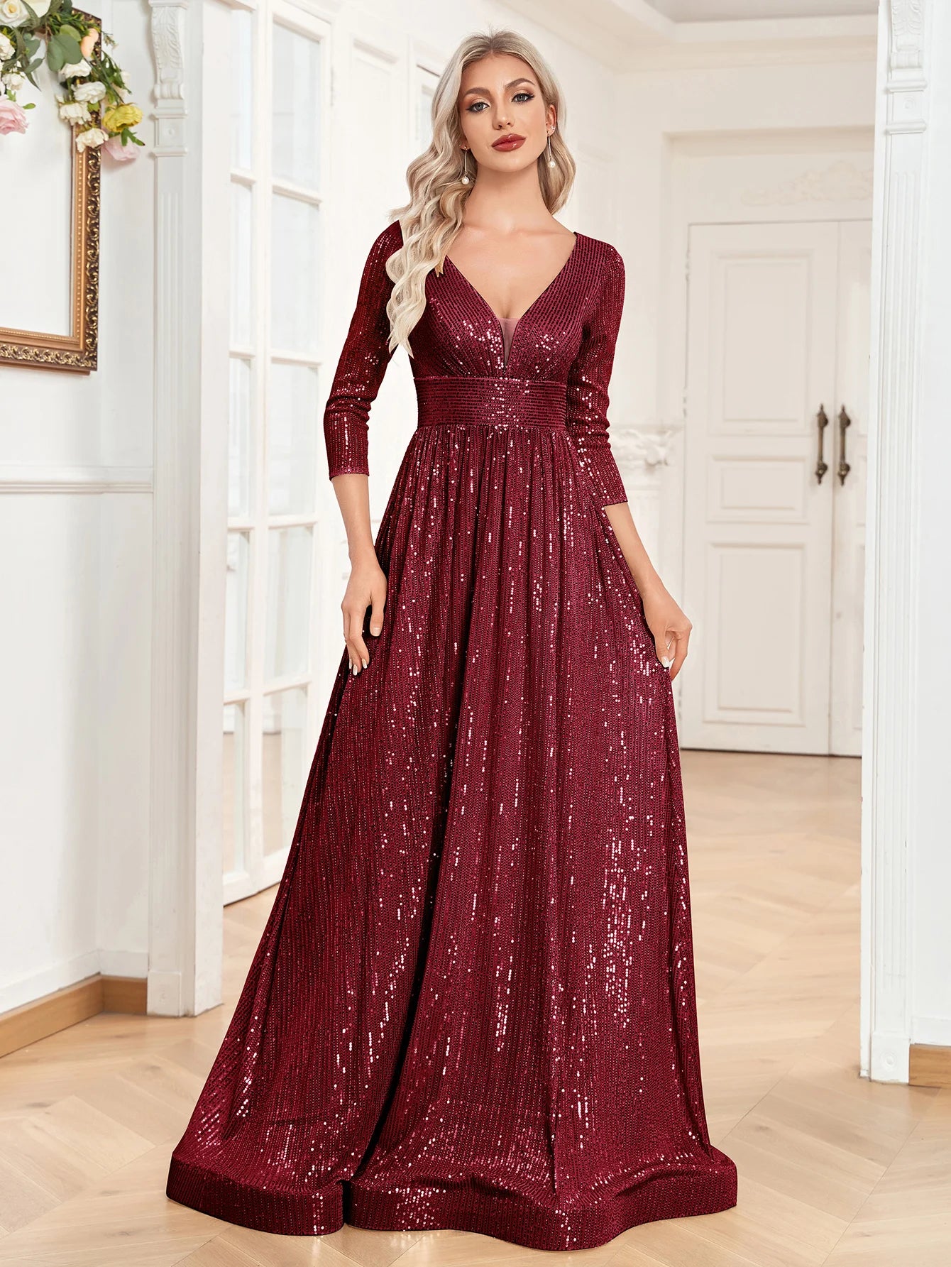 XUIBOL Elegant Sexy Deep V-Neck Sequins Evening Dress Luxury Women Long Sleeves Dress Wedding Party Cocktail Gown Gold Prom
