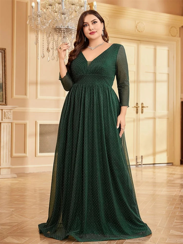 Plus Size Elegant Blue Chiffon V-Neck Evening Dress | XUIBOL
