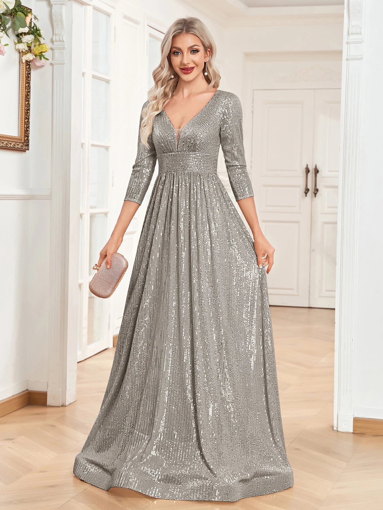 XUIBOL Elegant Sexy Deep V-Neck Sequins Evening Dress Luxury Women Long Sleeves Dress Wedding Party Cocktail Gown Gold Prom