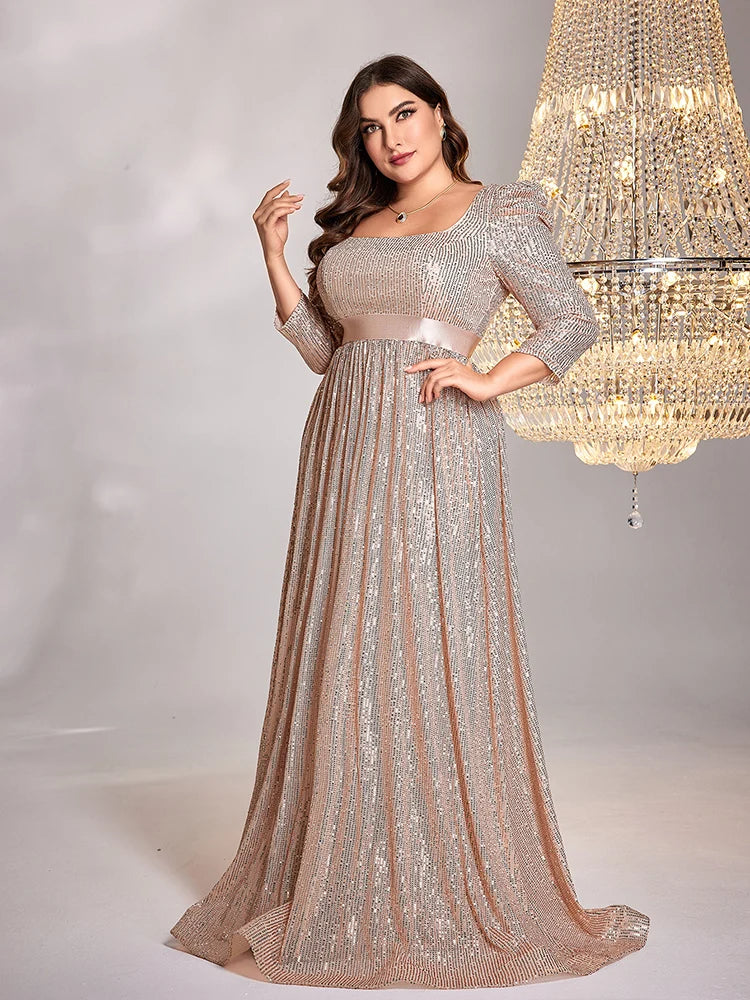 Plus Size Luxury Blue V-Neck Long sleeve Sequin Evening Dresses | XUIBOL