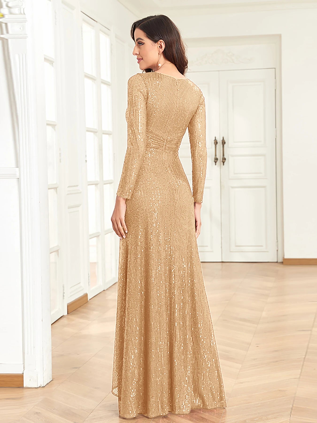 XUIBOL Luxury Long Sleeve V-Neck Evening Dress Women Wedding Party Sequins For Female Guests Red Prom Cocktail Dresses