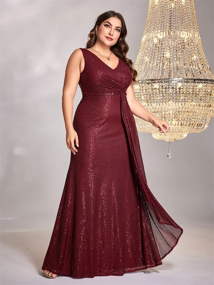 XUIBOL Plus Size elegant Women V-Neck Wedding Party Maxi Dress Sleeveless Sequins Evening Dress Long Prom Cocktail Dress