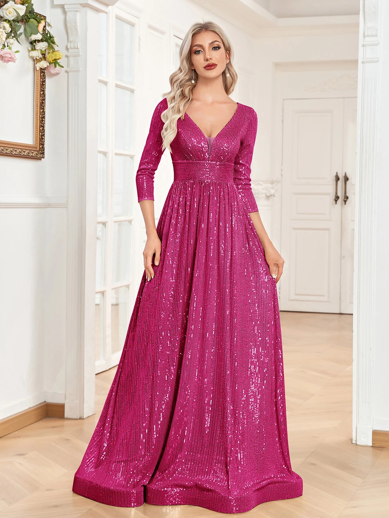 XUIBOL Elegant Sexy Deep V-Neck Sequins Evening Dress Luxury Women Long Sleeves Dress Wedding Party Cocktail Gown Gold Prom