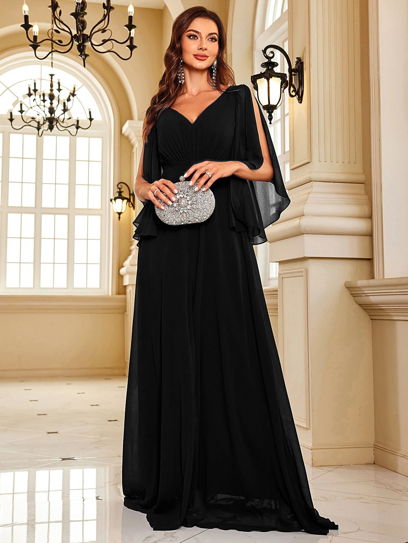 Chiffon Long Sleeve Navy Evening Dress Sexy High Split Women Dress | XUIBOL