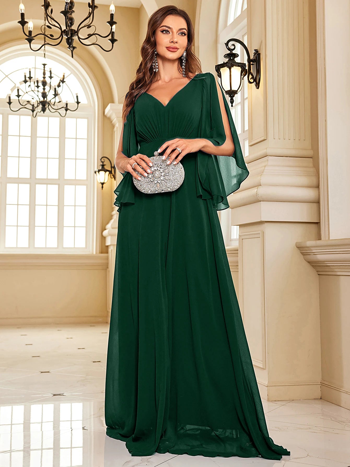 Chiffon Long Sleeve Navy Evening Dress Sexy High Split Women Dress | XUIBOL