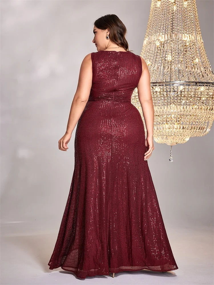 XUIBOL Plus Size elegant Women V-Neck Wedding Party Maxi Dress Sleeveless Sequins Evening Dress Long Prom Cocktail Dress