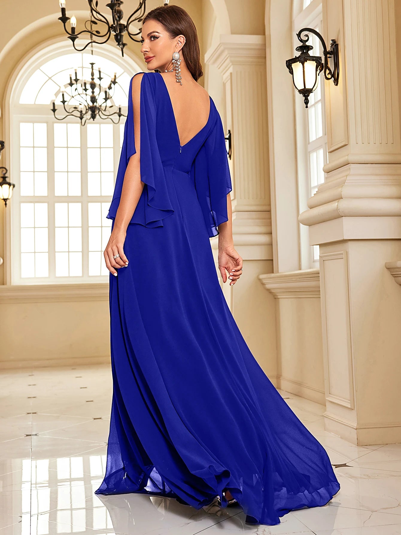 Chiffon Long Sleeve Navy Evening Dress Sexy High Split Women Dress | XUIBOL