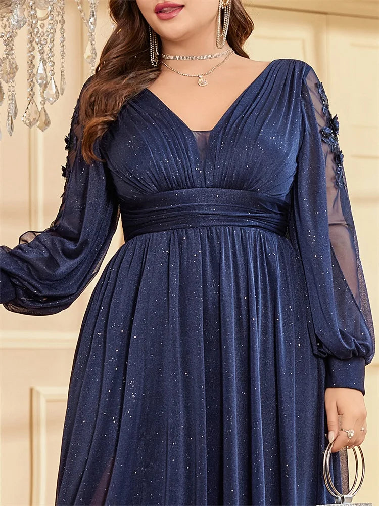 Plus Size Long Sleeves Sparkle Bling Bling Floor Length Split Evening Dress | XUIBOL