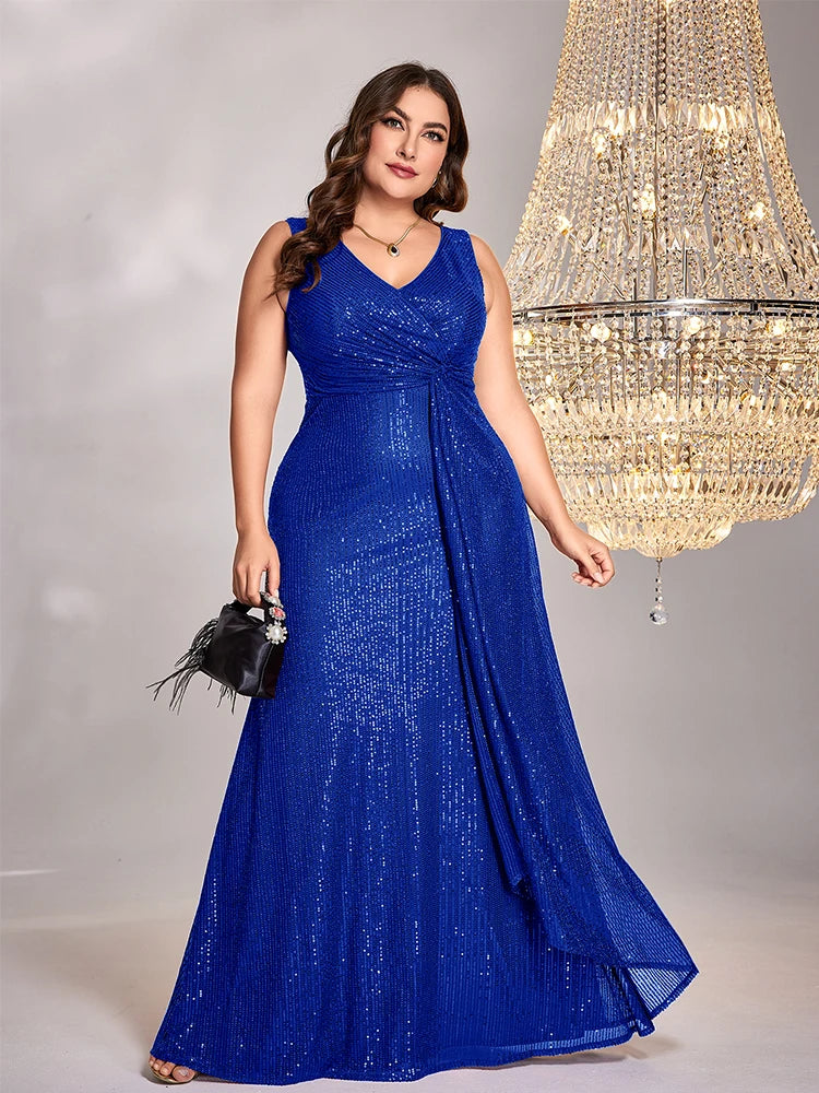 XUIBOL Plus Size elegant Women V-Neck Wedding Party Maxi Dress Sleeveless Sequins Evening Dress Long Prom Cocktail Dress