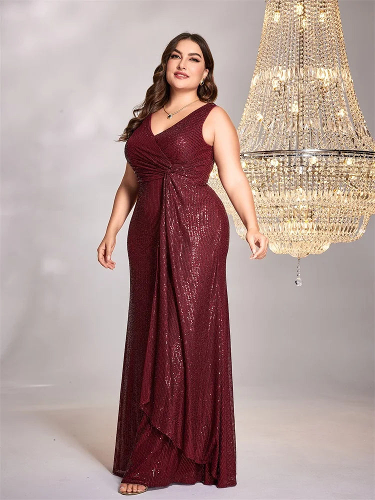 XUIBOL Plus Size elegant Women V-Neck Wedding Party Maxi Dress Sleeveless Sequins Evening Dress Long Prom Cocktail Dress