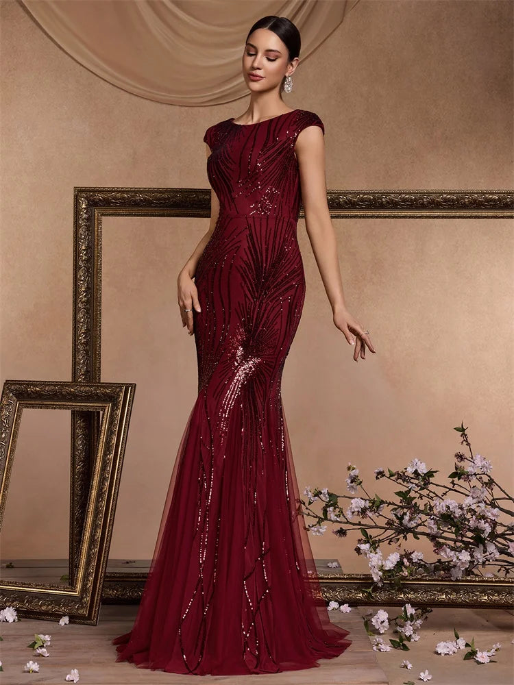 XUIBOL Luxury Sequin Prom Dress Women Elegant Sleeveless Bodycon Red Mermaid Evening Party Floor-length Dress Cocktail Gown