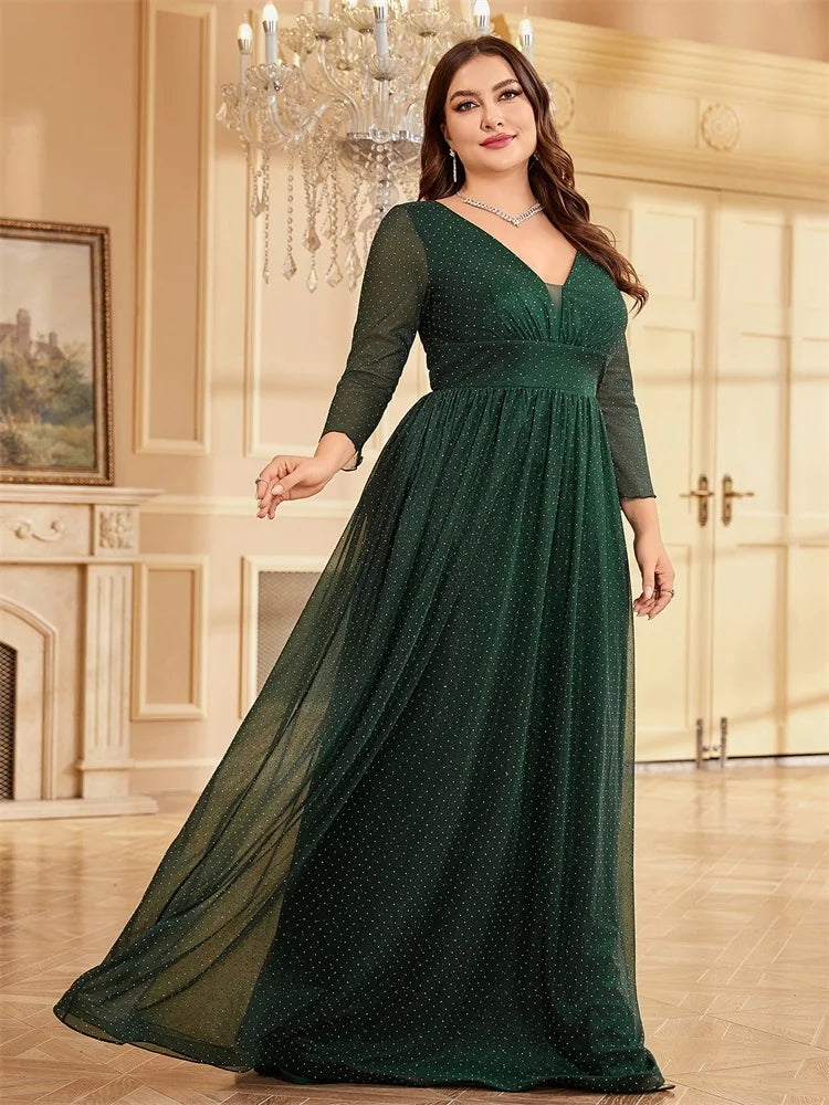 Plus Size Elegant Blue Chiffon V-Neck Evening Dress | XUIBOL