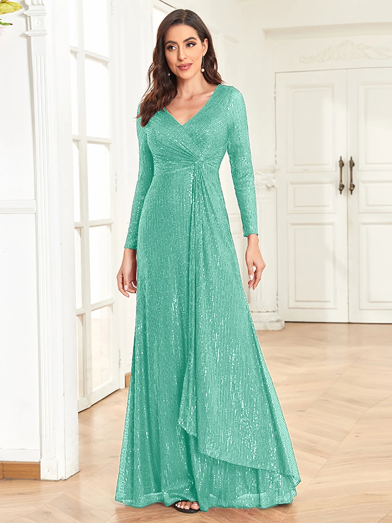 XUIBOL Luxury Long Sleeve V-Neck Evening Dress Women Wedding Party Sequins For Female Guests Red Prom Cocktail Dresses