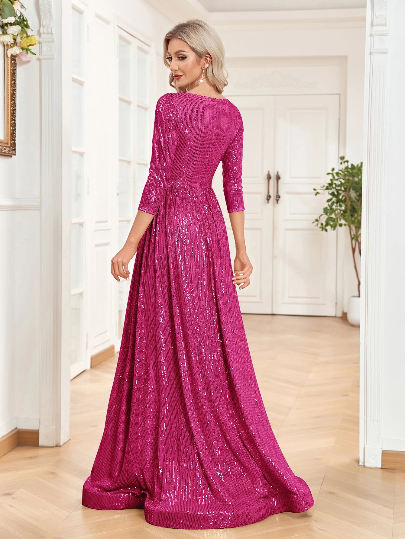 XUIBOL Elegant Sexy Deep V-Neck Sequins Evening Dress Luxury Women Long Sleeves Dress Wedding Party Cocktail Gown Gold Prom