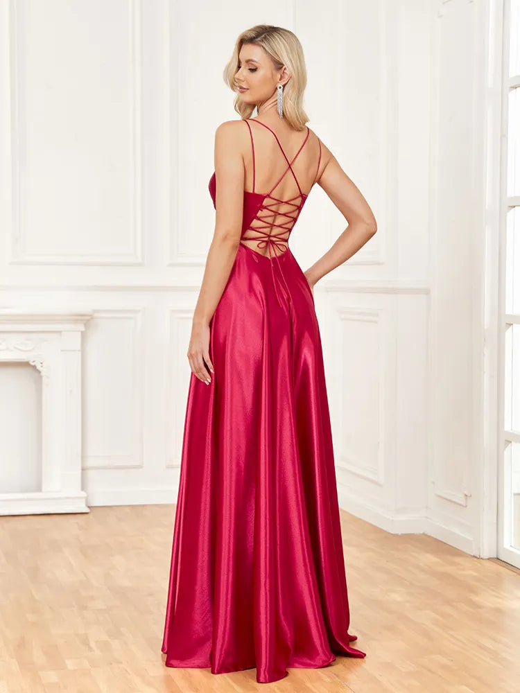 V-Neck Satin Sleeveless Blue Formal Evening Dress | XUIBOL