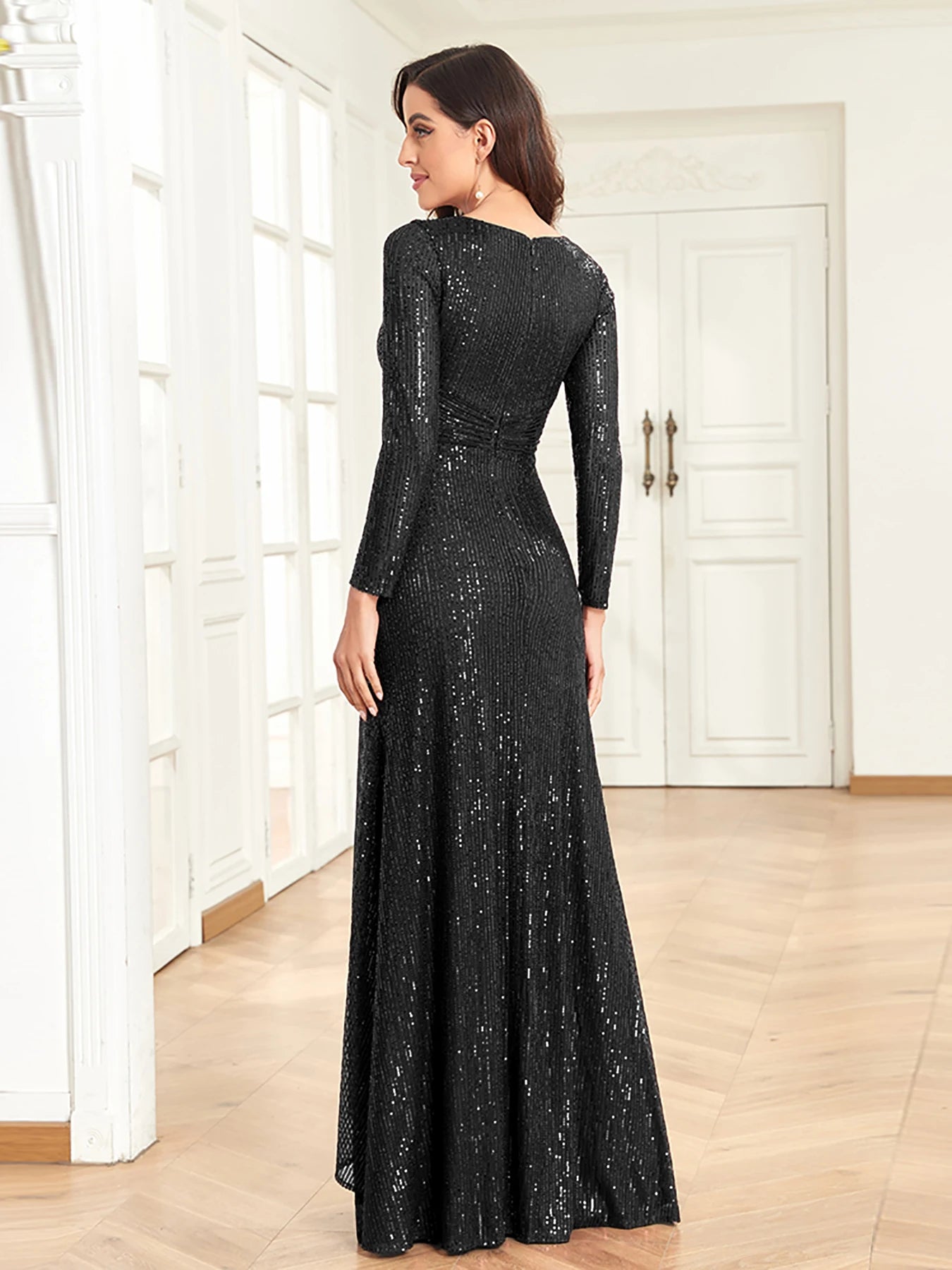 XUIBOL Luxury Long Sleeve V-Neck Evening Dress Women Wedding Party Sequins For Female Guests Red Prom Cocktail Dresses